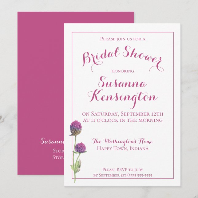 Watercolor Wildflower Pink Floral Bridal Shower Invitation (Front/Back)