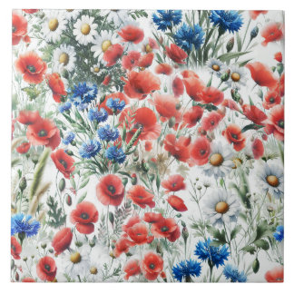 Watercolor Wildflower Poppy Daisy Ceramic Tile