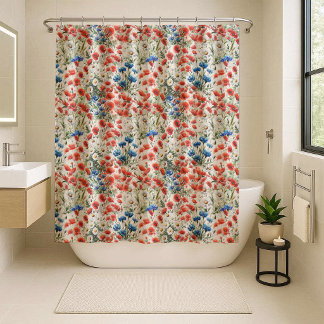 Watercolor Wildflower Poppy Daisy Shower Curtain