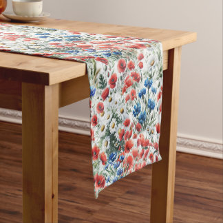 Watercolor Wildflower Poppy Daisy Table Runner