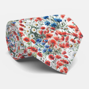 Watercolor Wildflower Poppy Daisy Tie