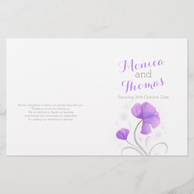 Watercolor wildflower purple grey wedding program (Front)