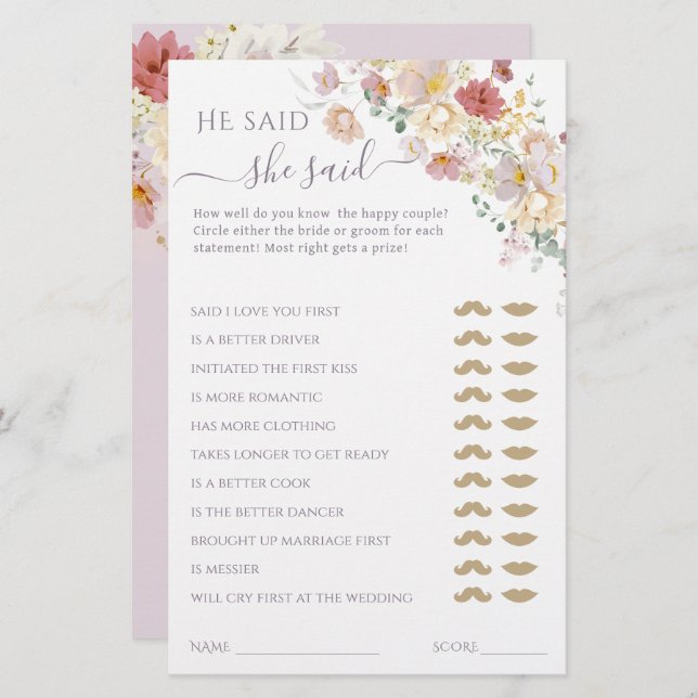 Watercolor Wildflower Purple Spring Bridal game (Front/Back)