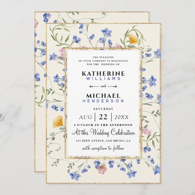 Watercolor Wildflower QR Code Details RSVP Wedding Invitation (Front/Back)