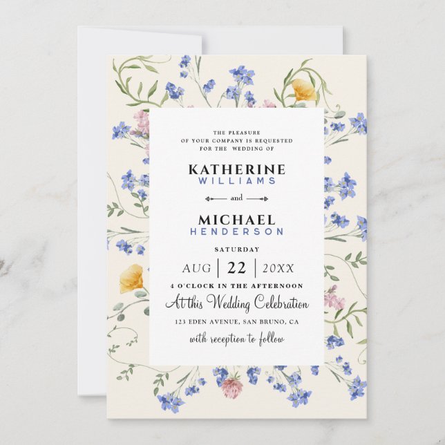 Watercolor Wildflower QR Code Details RSVP Wedding Invitation (Front)