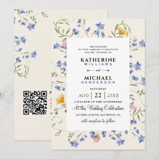 Watercolor Wildflower QR Code Details RSVP Wedding Invitation