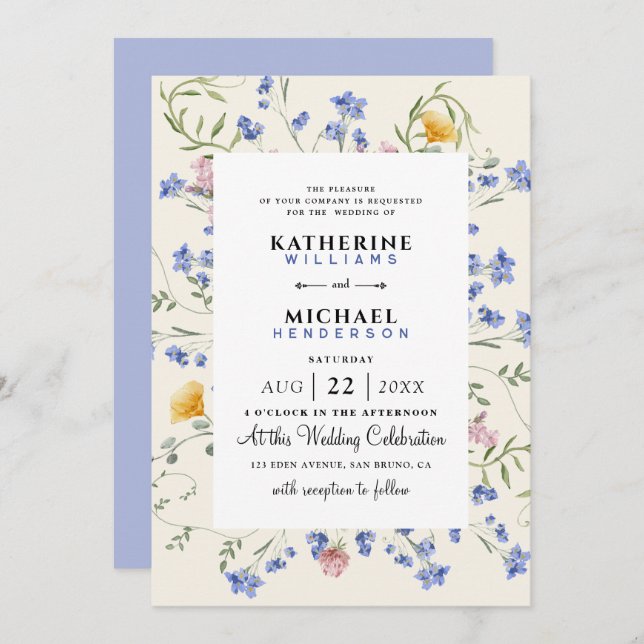 Watercolor Wildflower QR Code Details RSVP Wedding Invitation (Front/Back)