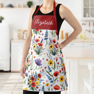 Watercolor Wildflower Red Yellow Blue Custom Name Apron