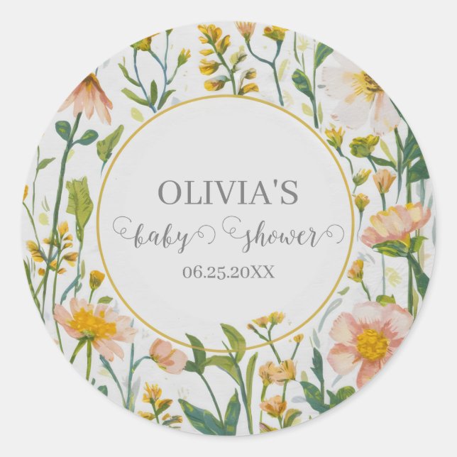 Watercolor Wildflower Rustic Boho Baby Shower Classic Round Sticker (Front)