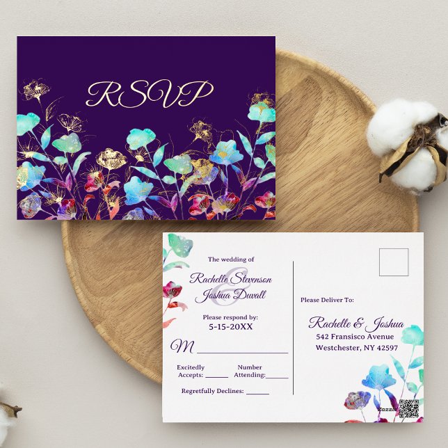Watercolor Wildflower Script Wedding RSVP Gold Foil Invitation Postcard (Creator Uploaded)