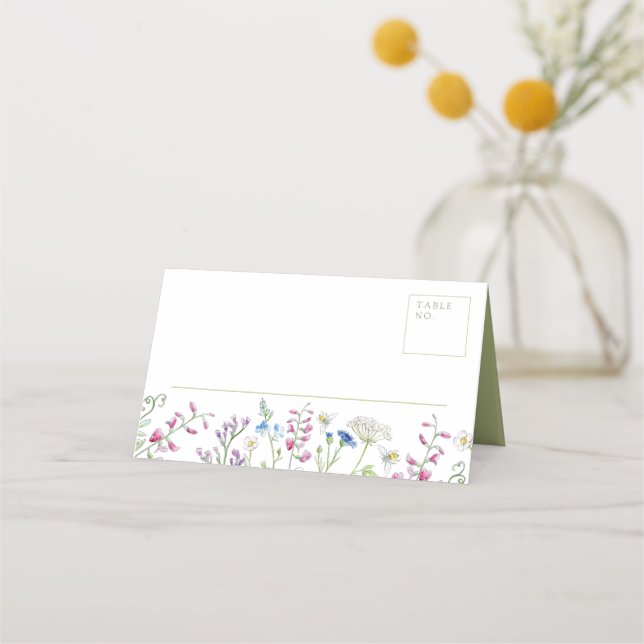 Watercolor wildflower sketches white green wedding place card (Front)