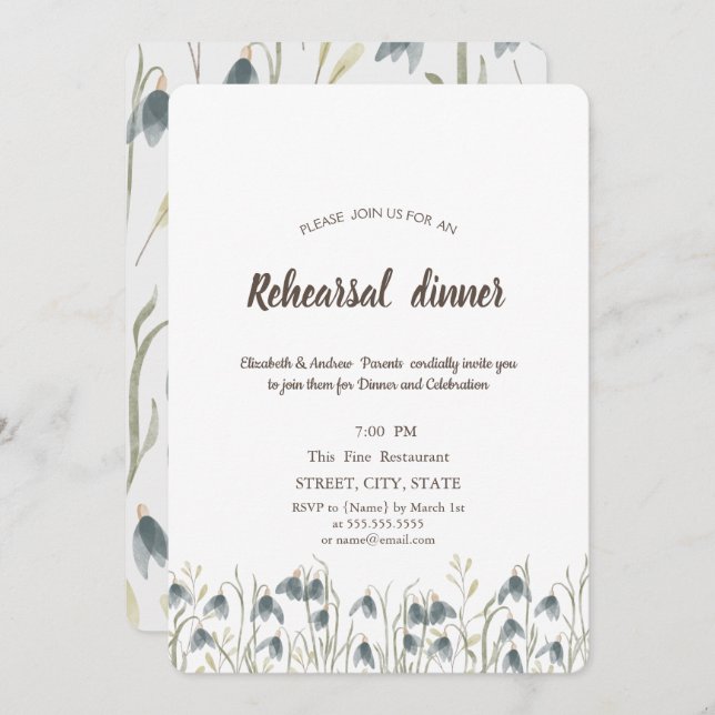 Watercolor Wildflower Snowdrops Rehearsal Dinner Invitation (Front/Back)