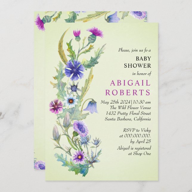 Watercolor wildflower Spring green Baby Shower  Invitation (Front/Back)