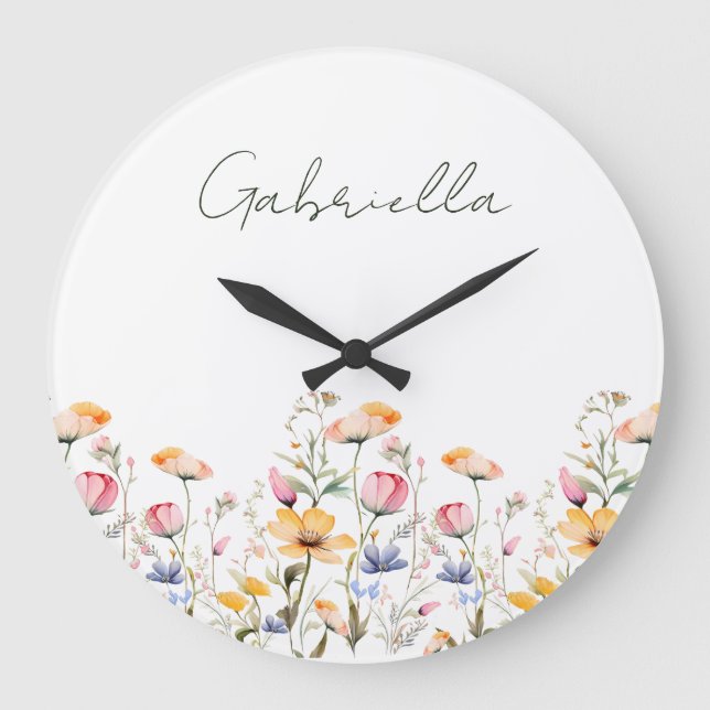 Watercolor Wildflower Spring Meadow Valentines Day Large Clock (Front)