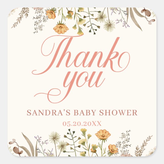 Watercolor Wildflower Thank You Baby Shower Square Sticker (Front)