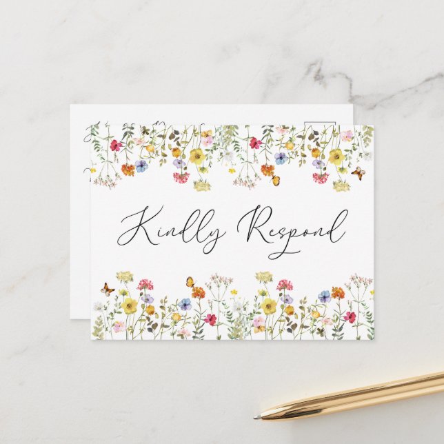 Watercolor Wildflower Wedding Entree Choice RSVP Postcard (Front/Back In Situ)