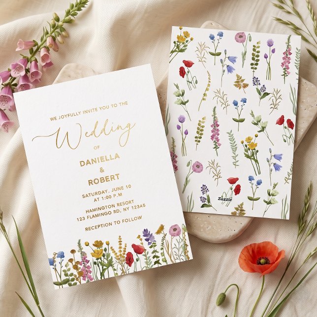Watercolor Wildflower Wedding Floral (elegant modern minimal wildflower wedding in gold foil writing)