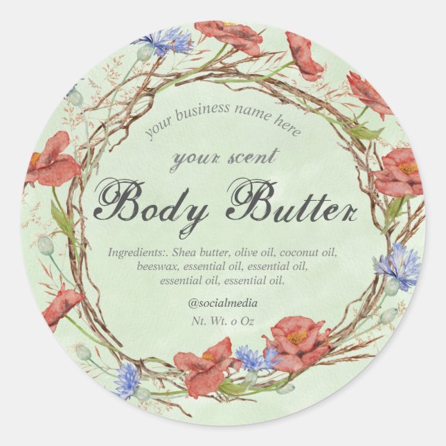 watercolor wildflower wreath body butter classic r round sticker (Front)