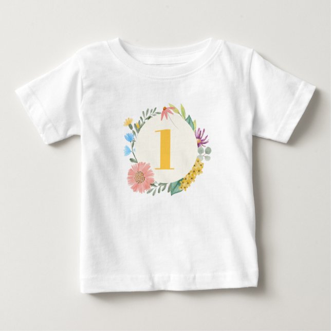 Watercolor Wildflower Wreath First Birthday Baby T-Shirt (Front)