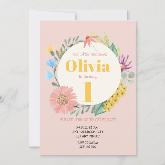 Watercolor Wildflower Wreath First Birthday Invitation (Front)