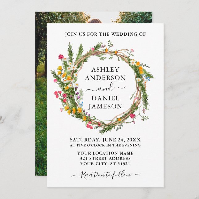Watercolor Wildflower Wreath Photo Wedding Invitation (Front/Back)