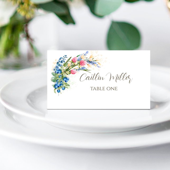 Watercolor Wildflowers and Blueberry Rustic Place Card (Creator Uploaded)