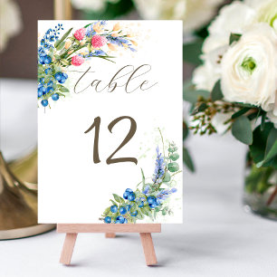 Watercolor Wildflowers and Blueberry Rustic Table Number