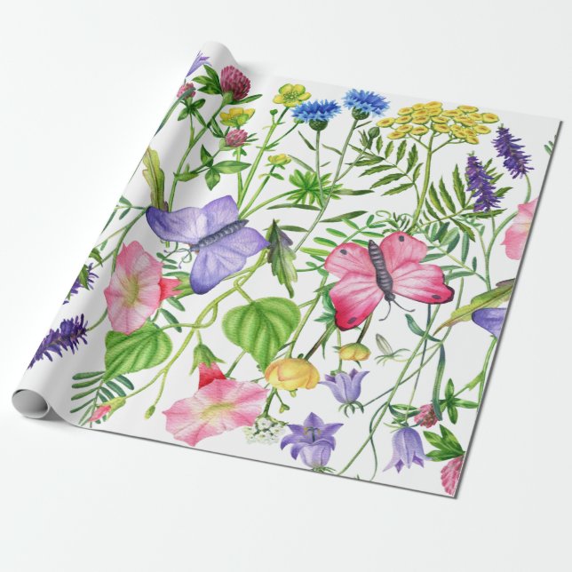 Watercolor Wildflowers and Butterflies Colourful Wrapping Paper (Unrolled)