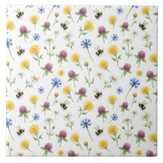 Watercolor Wildflowers and Honeybees Tile