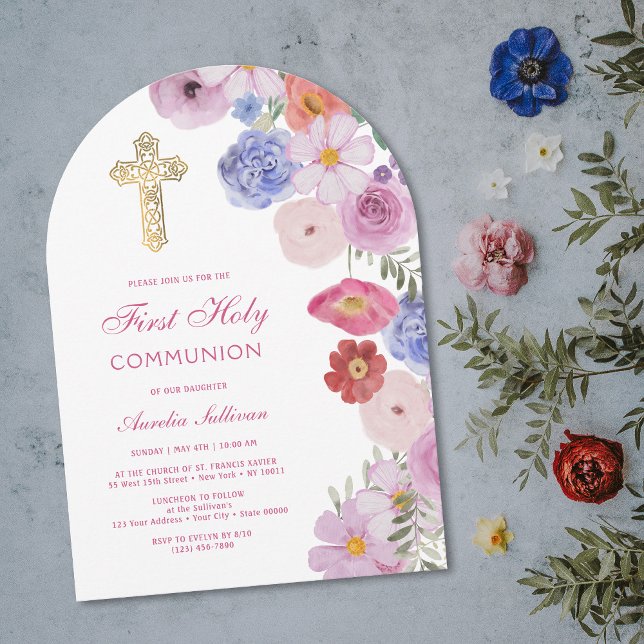 Watercolor Wildflowers Arch First Communion Invitation (Creator Uploaded)
