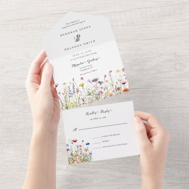 Watercolor Wildflowers Bloom Spring Wedding All In One Invitation (Tearaway)