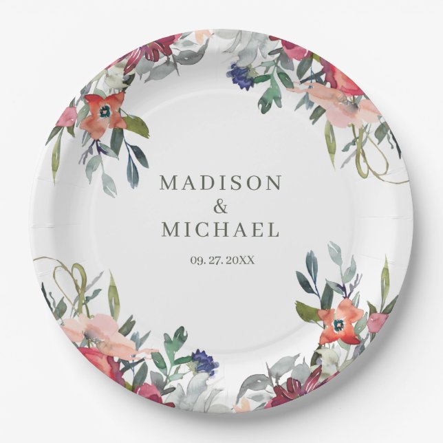 Watercolor Wildflowers Boho Garden Wedding Paper Plate (Front)