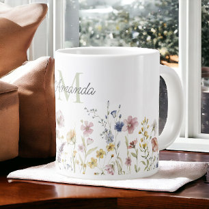 Watercolor Wildflowers Boho Stylish with Monogram Large Coffee Mug