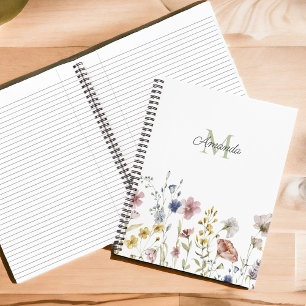 Watercolor Wildflowers Boho Stylish with Monogram Notebook