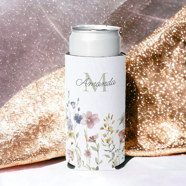 Watercolor Wildflowers Boho Stylish with Monogram Seltzer Can Cooler (Creator Uploaded)