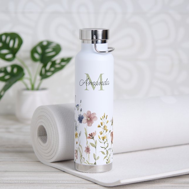 Watercolor Wildflowers Boho Stylish with Monogram Water Bottle (Yoga)