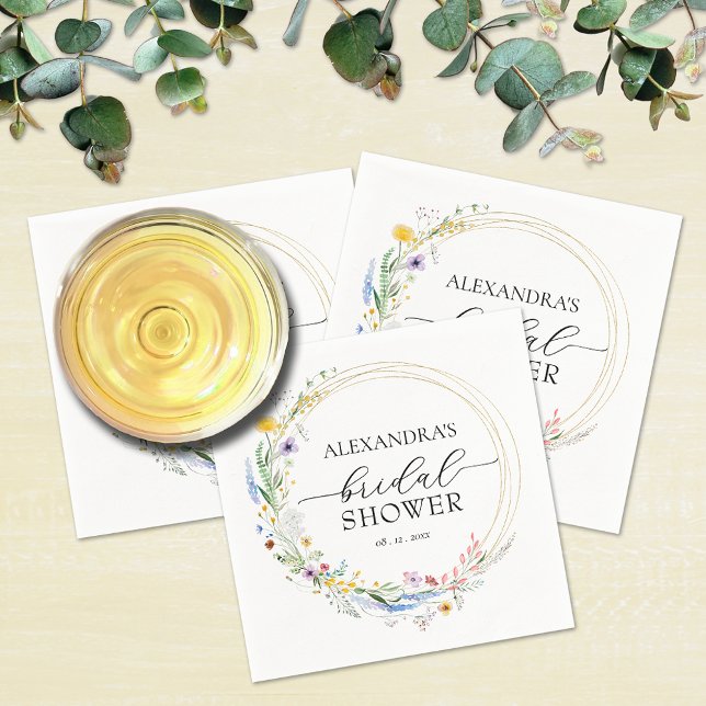 Watercolor Wildflowers Bridal Shower Napkin (Watercolor wildflowers wreath bridal shower cocktail napkins)