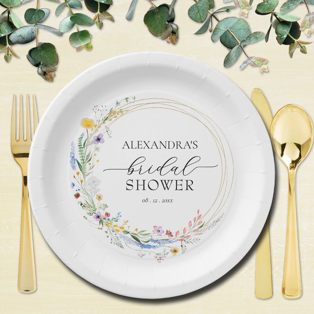 Watercolor Wildflowers Bridal Shower Paper Plate (Watercolor wildflower wreath bridal shower paper plates)