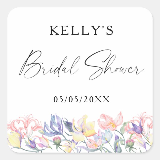 Watercolor wildflowers - bridal shower square sticker (Front)