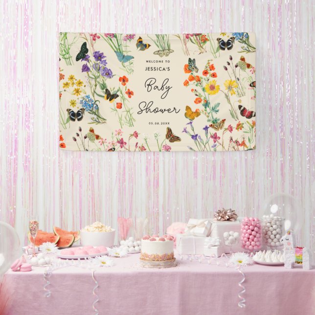 Watercolor Wildflowers Butterflies Baby Shower Banner (Party)