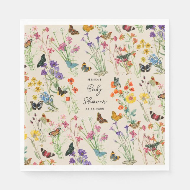 Watercolor Wildflowers Butterflies Baby Shower Napkin (Front)