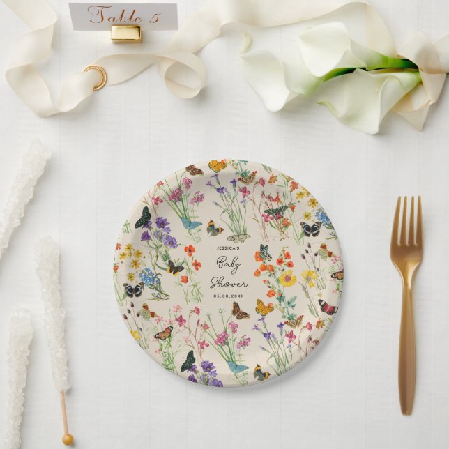 Watercolor Wildflowers Butterflies Baby Shower Paper Plate (Wedding)