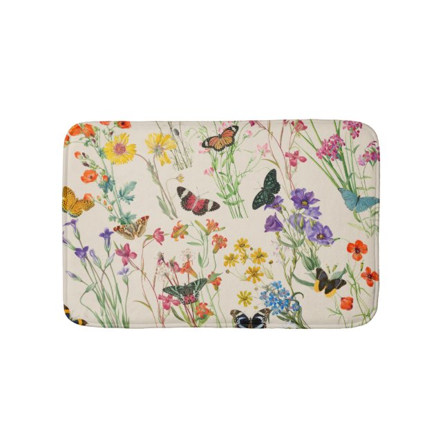 Watercolor Wildflowers & Butterflies Floral Garden Bath Mat (Front)