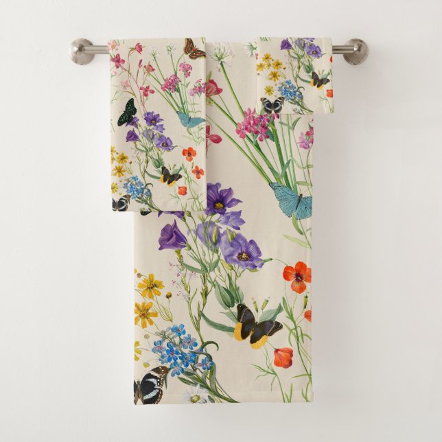 Watercolor Wildflowers & Butterflies Floral Garden Bath Towel Set (Insitu)