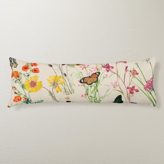 Watercolor Wildflowers & Butterflies Floral Garden Body Cushion (Front)