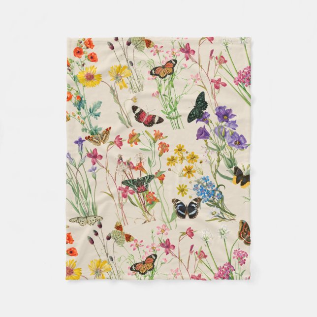 Watercolor Wildflowers & Butterflies Floral Garden Fleece Blanket (Front)