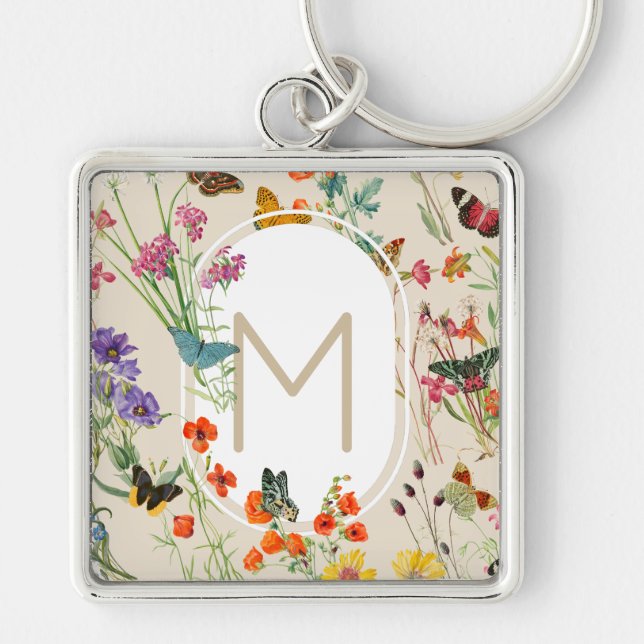 Watercolor Wildflowers & Butterflies Floral Garden Key Ring (Front)