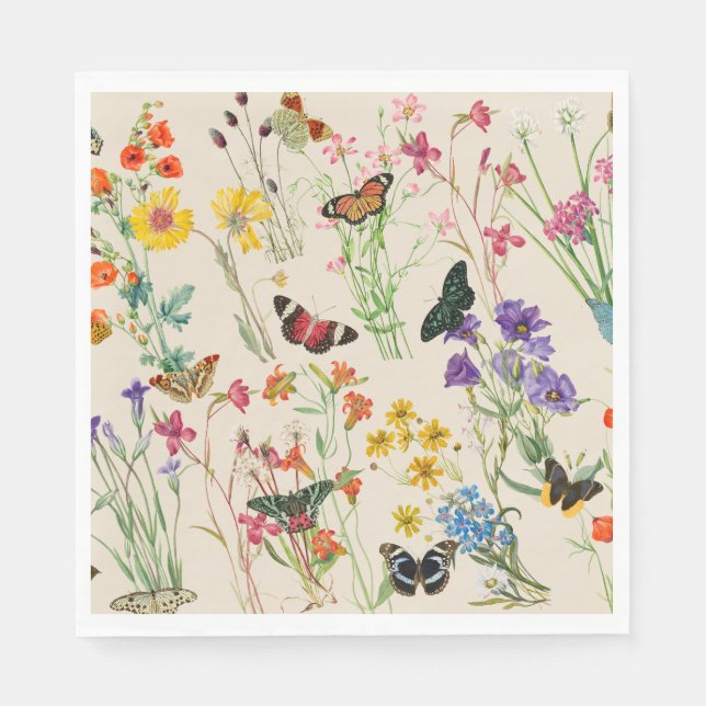 Watercolor Wildflowers & Butterflies Floral Garden Napkin (Front)