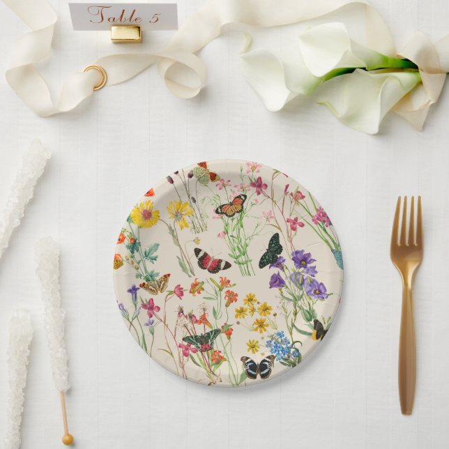 Watercolor Wildflowers & Butterflies Floral Garden Paper Plate (Wedding)