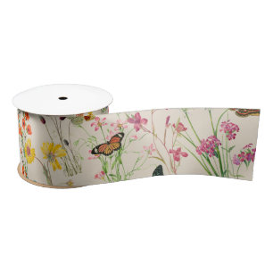 Watercolor Wildflowers & Butterflies Floral Garden Satin Ribbon